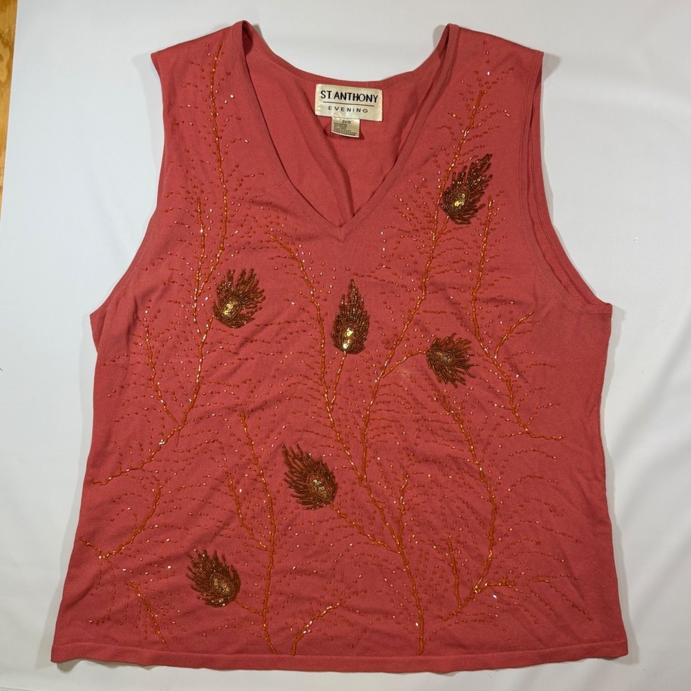VTG St. Anthony Evening Beaded Peacock Top Womens 24W Coral Pink Sleeveless Knit